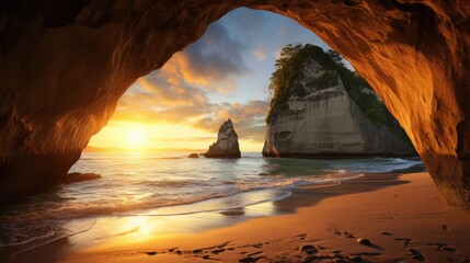 Cathedral Cove at Sunrise: Stunning New Zealand Bay with Coastal Rocks and Beach - obrazy, fototapety, plakaty
