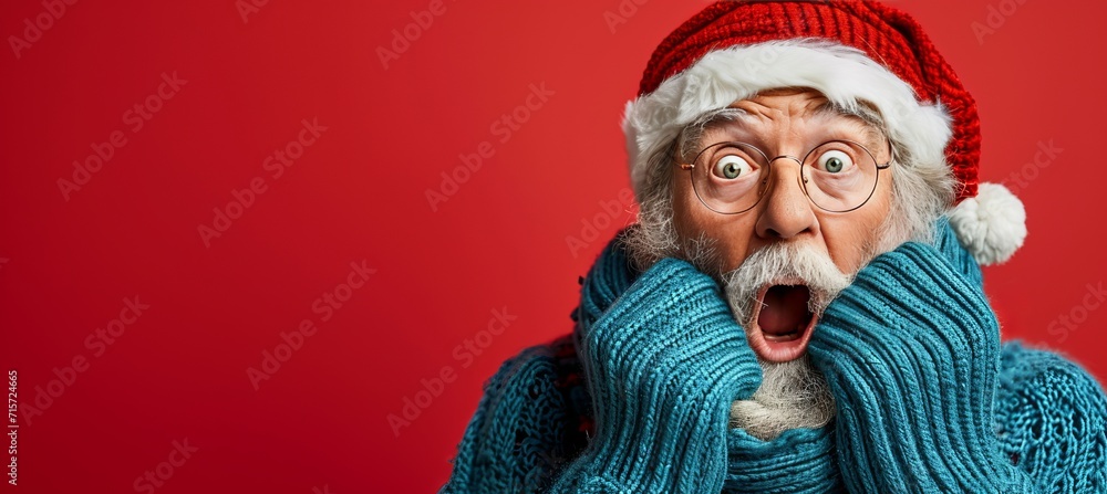 Poster startled santa claus with copy space on vibrant red background for text placement