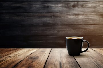 Cup of Coffee on Wooden Desk with Blank Space for Text. Hot Espresso Beverage in Black Ceramic Cup
