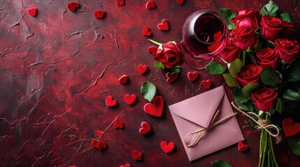 Romantic Red Wine and Roses: Pastel Envelope on Dark Red Backdrop - Valentine's Day Concept