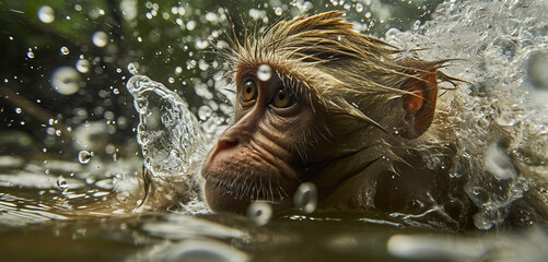 Monkeys swimming in the water