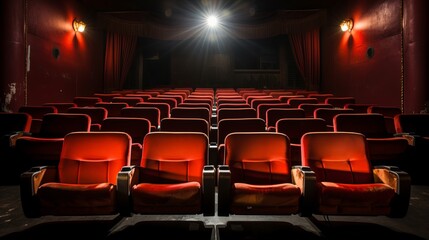 Rows of empty theater chairs in a dimly lit auditorium, eagerly awaiting an audience