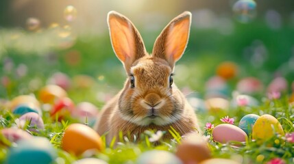 Fototapeta na wymiar Easter bunny surrounded by eggs