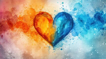 Merging Watercolor Heart: Cool Blue to Warm Orange Transition - Valentine's Day Concept