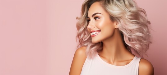 Fototapeta premium Blonde woman smiling on pastel background with ample space for text placement, gazing away