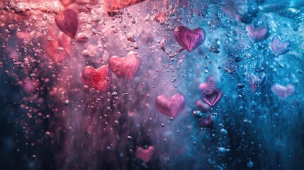 Underwater Hearts: Blue and Red Hues in Dreamy Liquid Environment - Valentine's Day Concept