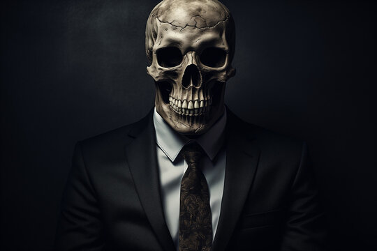 skull of a man in a business suit, businessman job, working skull head businessman, zombie businessman, generative ai