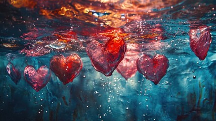 Underwater Hearts: Blue and Red Hues in Dreamy Liquid Environment - Valentine's Day Concept