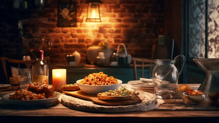 Fototapeta premium food in the restaurant, table, background 4 , Generative AI.
