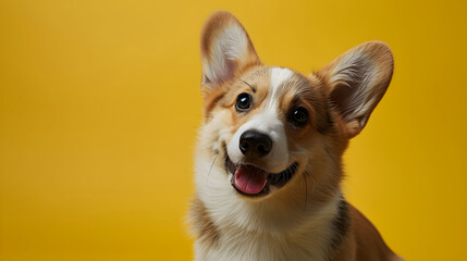 Welsh corgi isolated on yellow background with copy space. Close up portrait of happy smiling corgi dog face head looking at the camera. Banner for pet shop. Pet care and animals concept for ads card