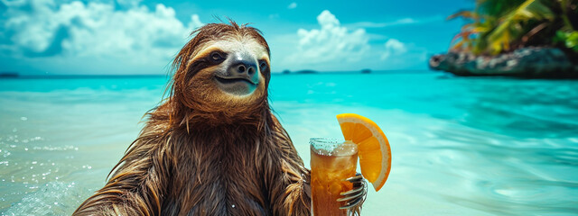 sloth with a cocktail on the beach.