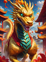 Fototapeta premium Golden Chinese Dragon Statue Adorning a Traditional Temple in Asia, blending Culture, Religion, and Ancient Oriental Art