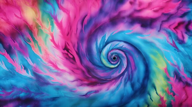 Swirl or Spiral pattern tie dye fabric in blue, green and magenta tones.