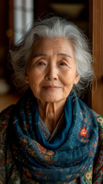 Close-up portrait of an elderly nonagenarian woman of Japanese origin