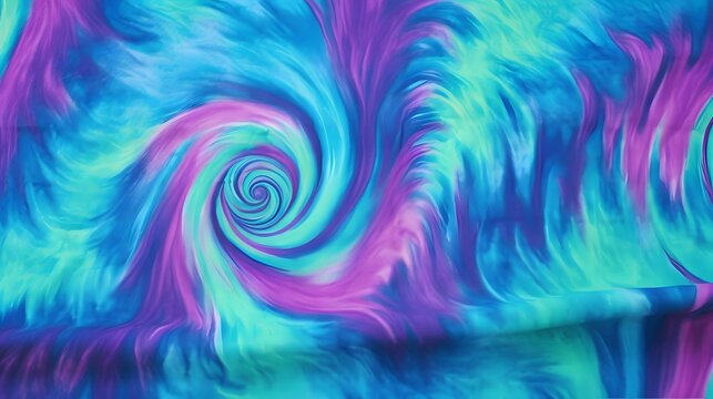 Swirl or Spiral pattern tie dye fabric in blue, green and magenta tones.