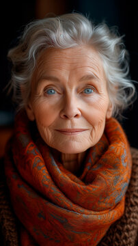 Portrait of a blue-eyed Caucasian senior woman looking at camera sweetly