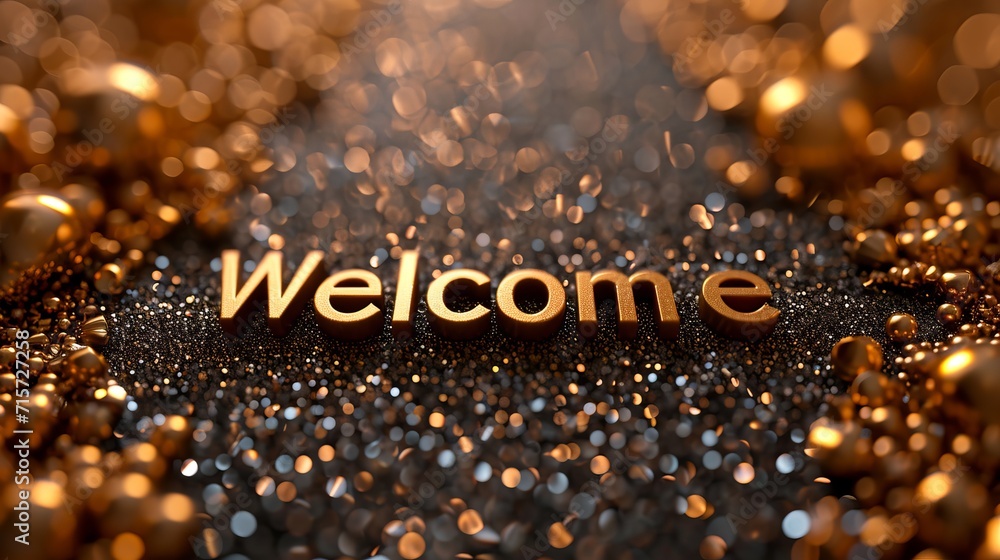 Poster enchanting postcard with golden welcome text on a mesmerizing background of bokeh sparkles.