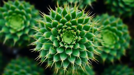 Top view of green cactus tree. Desert plant. Cacti succulent plants. Green cactus in garden. Sharp golden thorn on cactus plant. Stem succulent with spines. Round shape cactus for decoration garden. - Powered by Adobe
