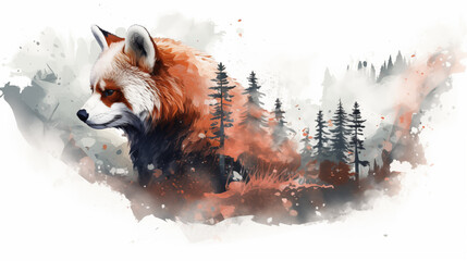 Red panda on white background with double exposure - obrazy, fototapety, plakaty