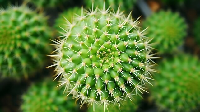 Top view of green cactus tree. Desert plant. Cacti succulent plants. Green cactus in garden. Sharp golden thorn on cactus plant. Stem succulent with spines. Round shape cactus for decoration garden.