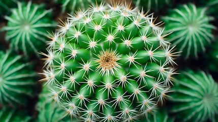 Naklejka na ściany i meble Top view of green cactus tree. Desert plant. Cacti succulent plants. Green cactus in garden. Sharp golden thorn on cactus plant. Stem succulent with spines. Round shape cactus for decoration garden.