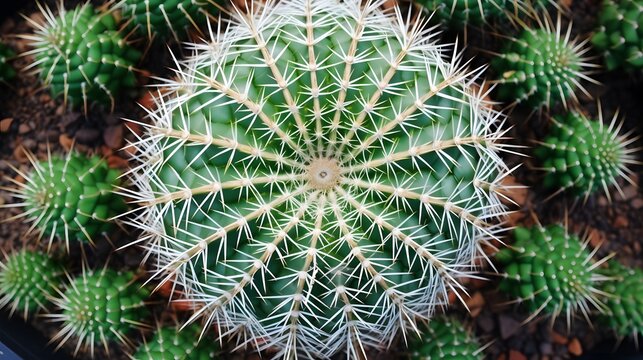 Top view of green cactus tree. Desert plant. Cacti succulent plants. Green cactus in garden. Sharp golden thorn on cactus plant. Stem succulent with spines. Round shape cactus for decoration garden.