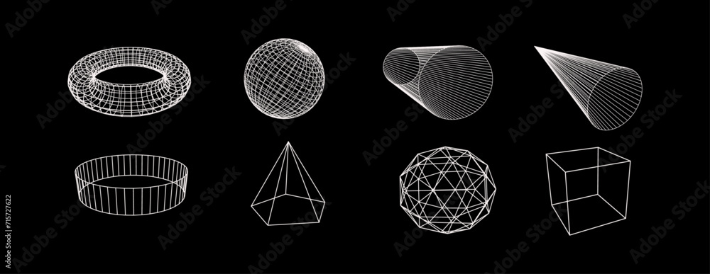 Poster collection of wireframes vector 3d geometric shapes. cyberpunk vector elements. isolated background