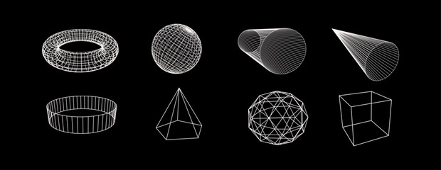 Collection of wireframes vector 3d geometric shapes. Cyberpunk vector elements. Isolated background