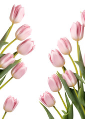 Pink stalk of tulip tulips flower flora flat lay composition top view on transparent background cutout, PNG file. Mockup template for artwork. Wallpaper banner border