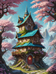 Nightfall embraces the ancient Chinese temple, standing tall amidst a tranquil landscape, blending elements of Japan and China with hints of traditional architecture, pagodas, and the serene beauty of