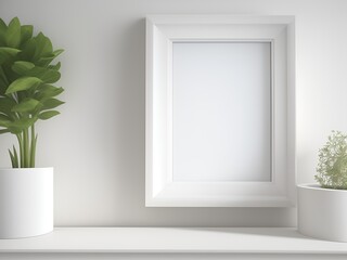 An image showcasing a square frame, designed as a mockup template, resting on a table beside a plant.
