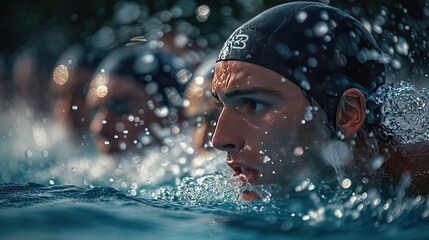 A male swimmer with a cap and goggles is captured in sharp focus as he swims through the water, with bubbles and ripples around him, conveying determination and athleticism.