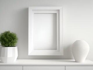 A white frame sitting on a table, accompanied by a plant, ready to showcase designs in this square mockup template.