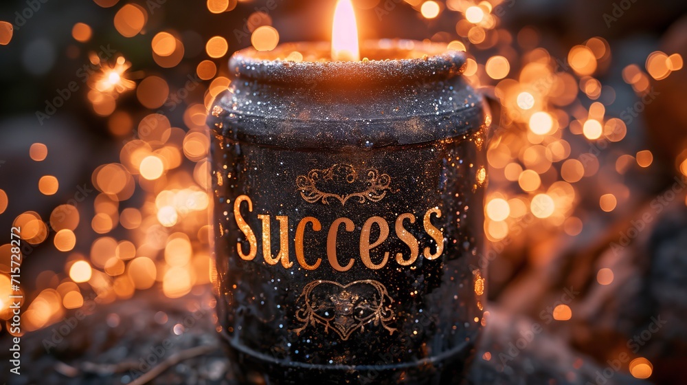 Poster magical bokeh sparkles background with elegant golden text success on a charming postcard