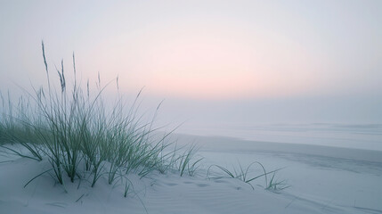 foggy beach at dawn, featuring tall grass in the foreground, soft waves lapping at the shore, and a pastel-colored sky
