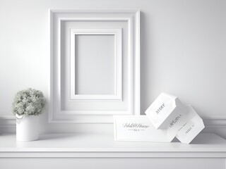 Look! There's a white frame on a table beside a plant. It's a square frame for a pretend picture.