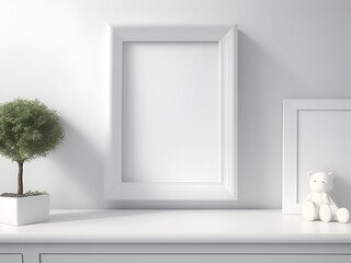 An image featuring a square frame in white, positioned on a table next to a plant, serving as a mockup template.