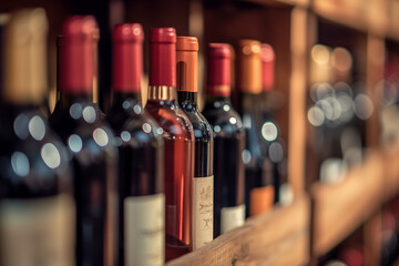 Luxury Wine Collection: Expensive Bottles Displayed on Wooden Shelf with Bokeh Elegance