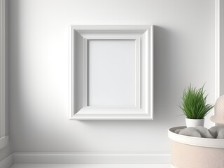 A mockup template with a square white frame resting on a table beside a plant.