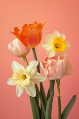 bouquet of yellow tulips and daffodils against pink background