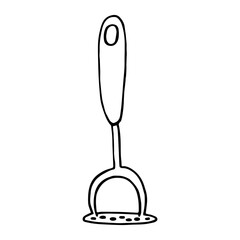 Black and white vector illustration of potato pusher isolated on a white. Pressed potato masher in doodle style