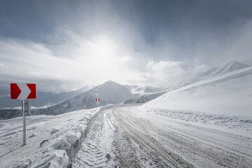 snow winter mountain road. blizzard. - 715728608