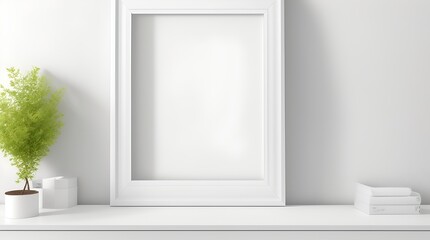 A white frame on a table beside a plant, perfect for showcasing your designs. Get creative with this square mockup template!