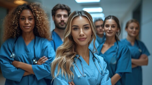 A group of diverse medical professionals in blue scrubs confidently stand in a corridor, with a female doctor at the forefront smiling at the viewer.