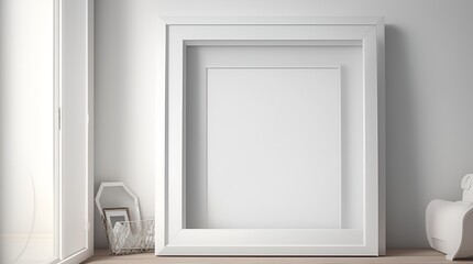 An image of a square frame, designed as a mockup template, placed on a table next to a plant.