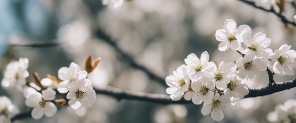 Obraz premium Beautiful spring nature scene with white blooming tree. Abstract blurred background. Soft selective
