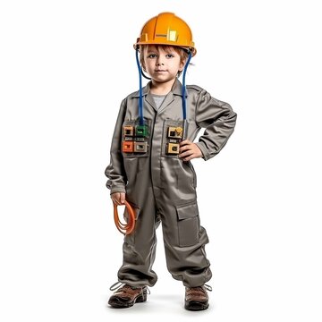 Little boy in Electrician suit on a white background. Children's dream career concept commercial imagery