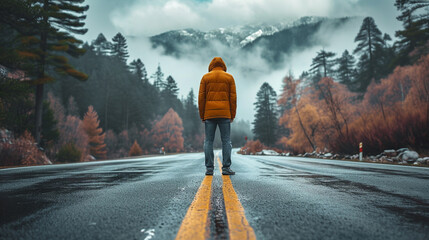 a man is standing on the road - obrazy, fototapety, plakaty