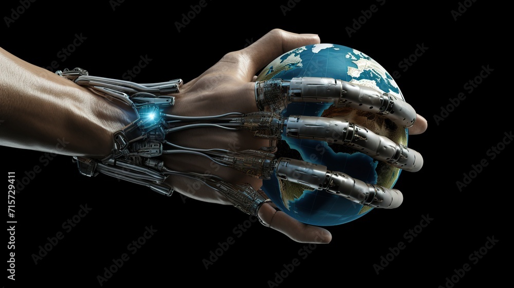Aufkleber robot hand holding earth globe for artificial intelligence, tech revolution and futuristic technolog