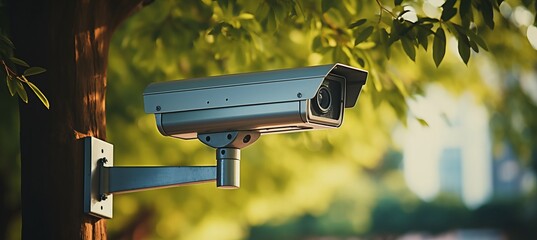 External surveillance camera on blurred background with copy space for text placement